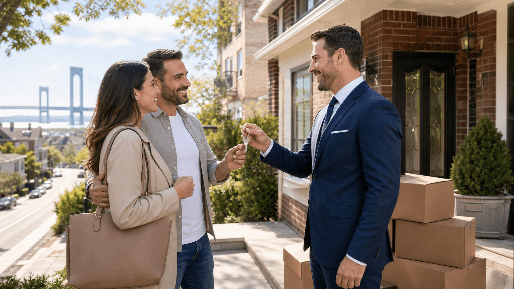 A realtor shakes hands with a couple beside a bright Staten Island map and home listings.