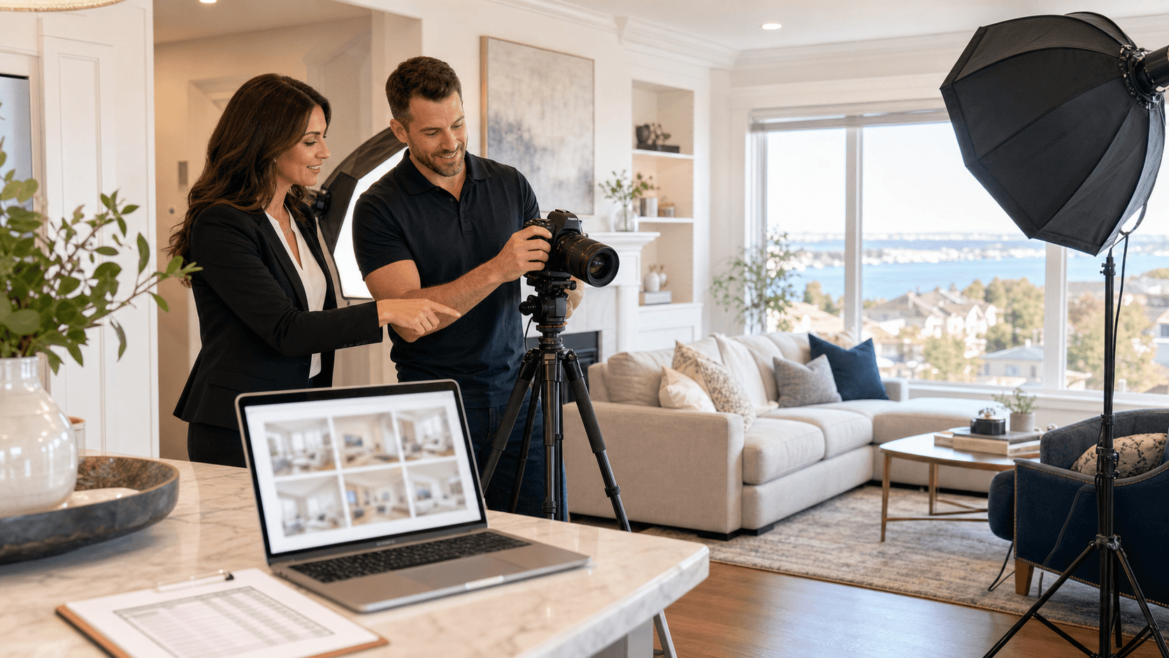 Sunlit laptop showing a real estate listing beside house keys and a camera on a clean white desk.