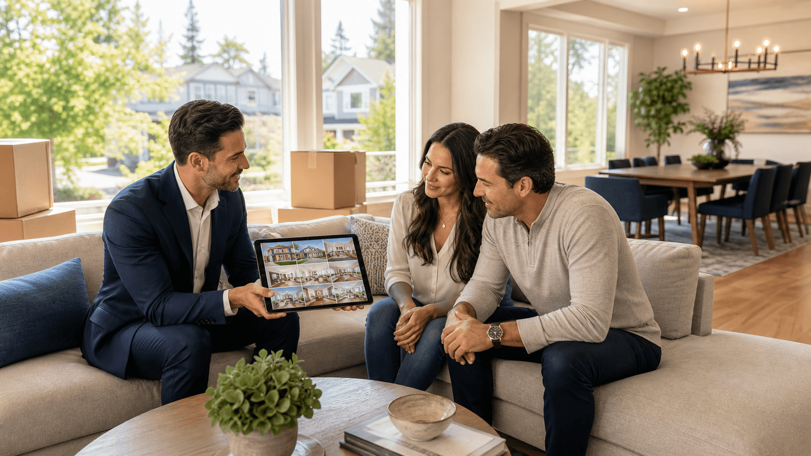 Split-screen suburban homes with a red upward arrow over blue MLS listing cards against a bright sky.