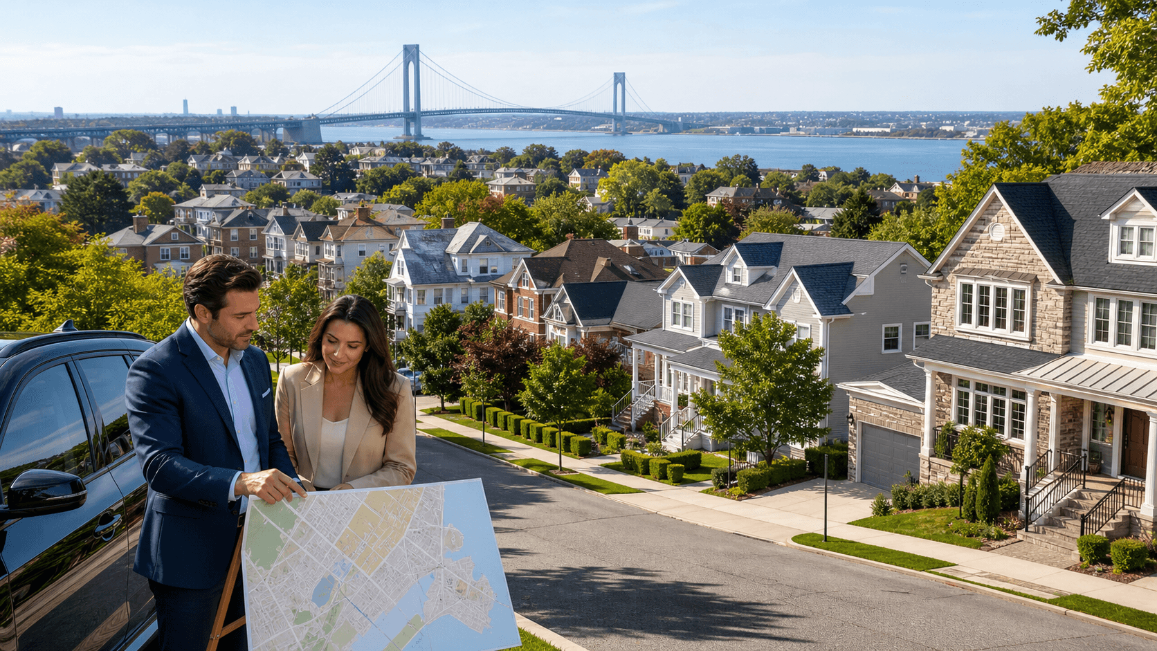 Sunlit aerial view of Staten Island neighborhoods with tree-lined streets, rooftops, and distant waterfront.