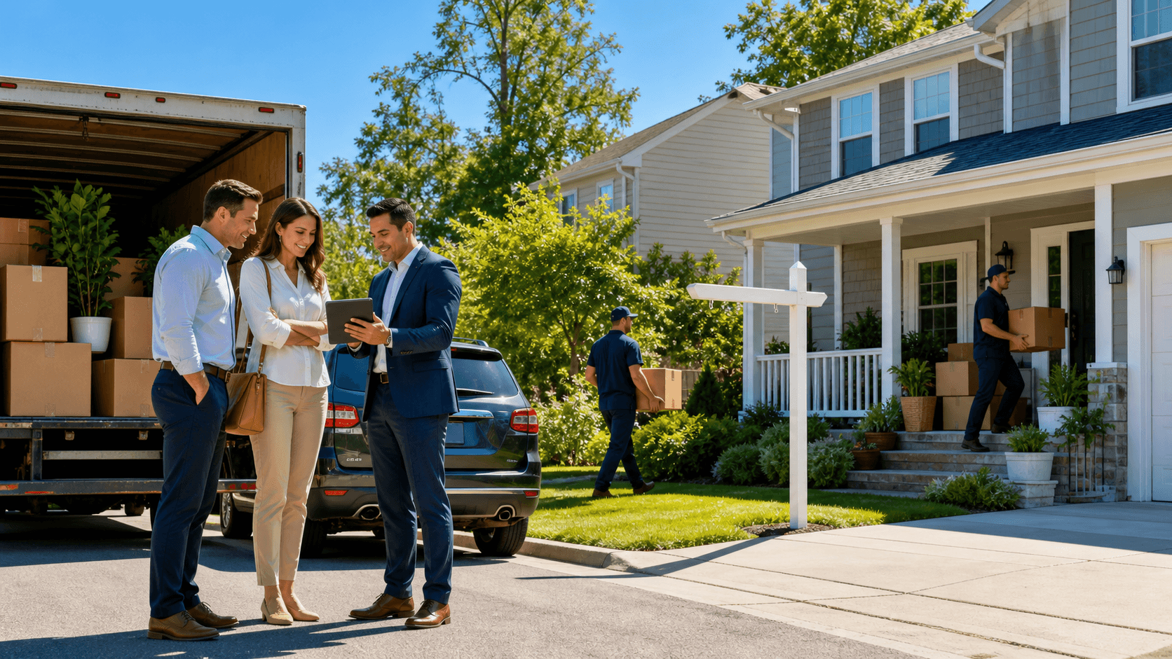 Sunlit suburban house with a sold sign and cardboard boxes on the porch under a bright blue summer sky